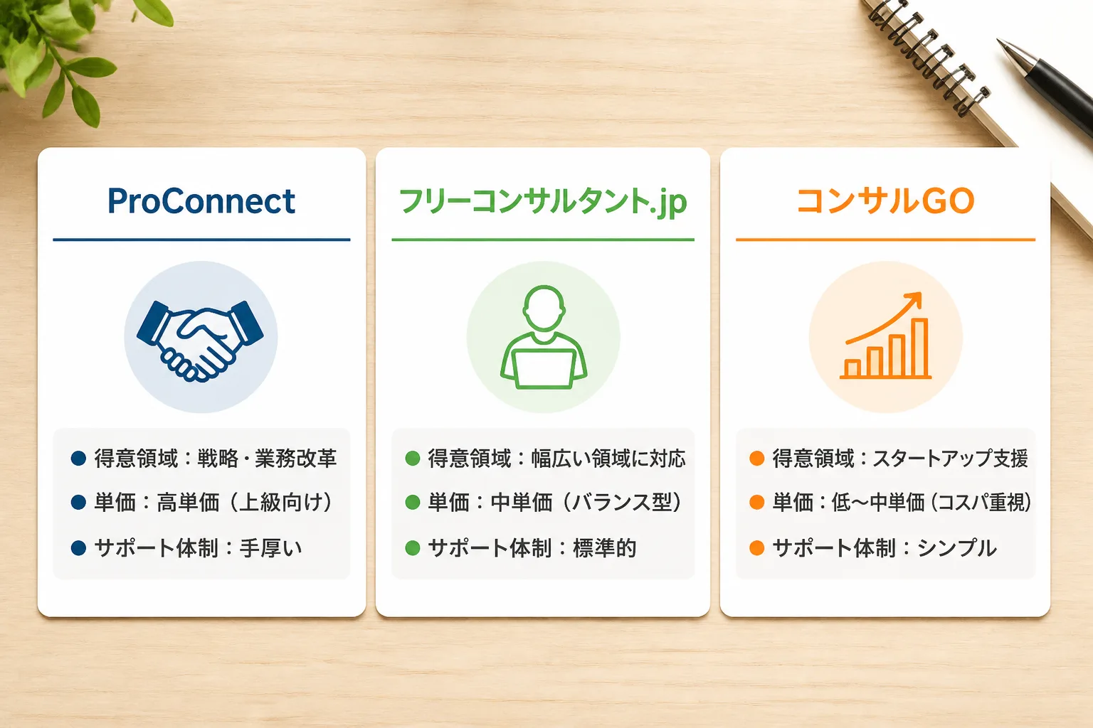 ProConnect・フリーコンサルタント.jp・コンサルGOの3社を、得意領域・単価レンジ・サポート体制の3項目で並べて比較していることを示す図解。