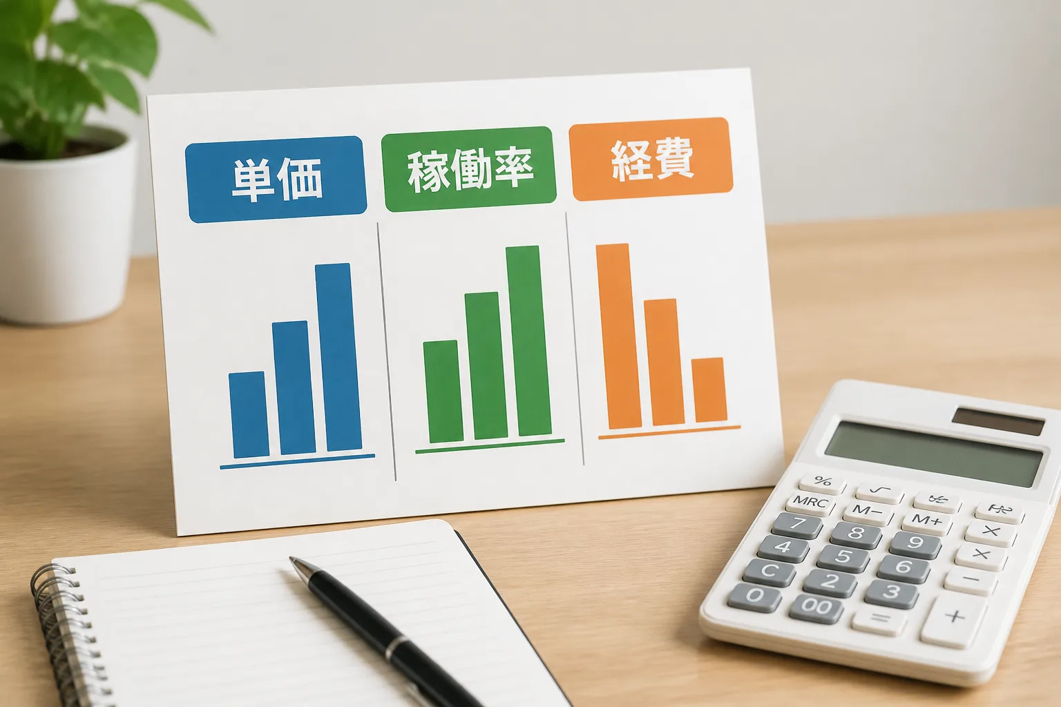 単価・稼働率・経費の3項目を示す棒グラフ状の板と電卓が置かれた収支計画の作業机
