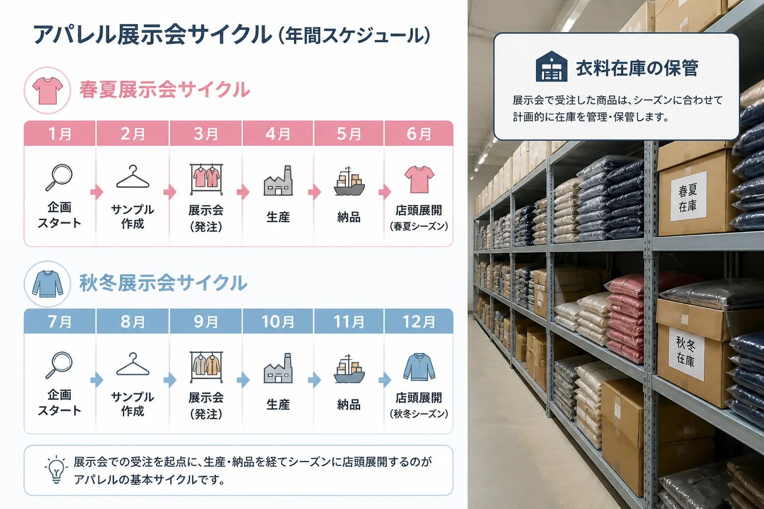 春夏・秋冬の展示会サイクルを表すカレンダーと、衣料在庫が積まれた倉庫の棚