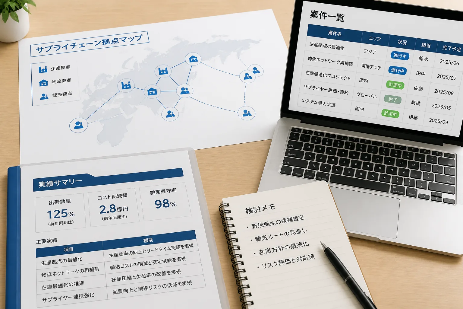 デスクに広げられたサプライチェーンの拠点マップと、実績を整理したファイル、ノートパソコンの画面に映る案件一覧を横から見た様子