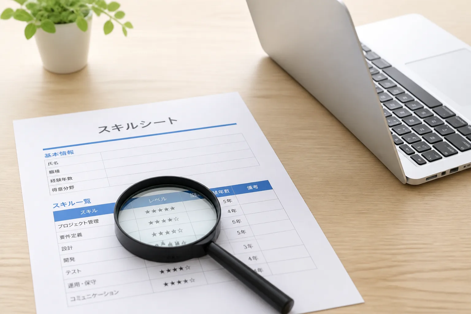 スキルシートの書類を虫眼鏡で確認するイメージを表した静物構成