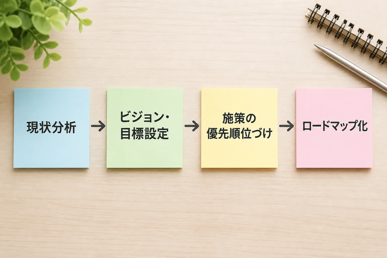 DX戦略を策定する4つのステップ（現状分析・ビジョン設定・優先順位づけ・ロードマップ化）を示すフローチャート