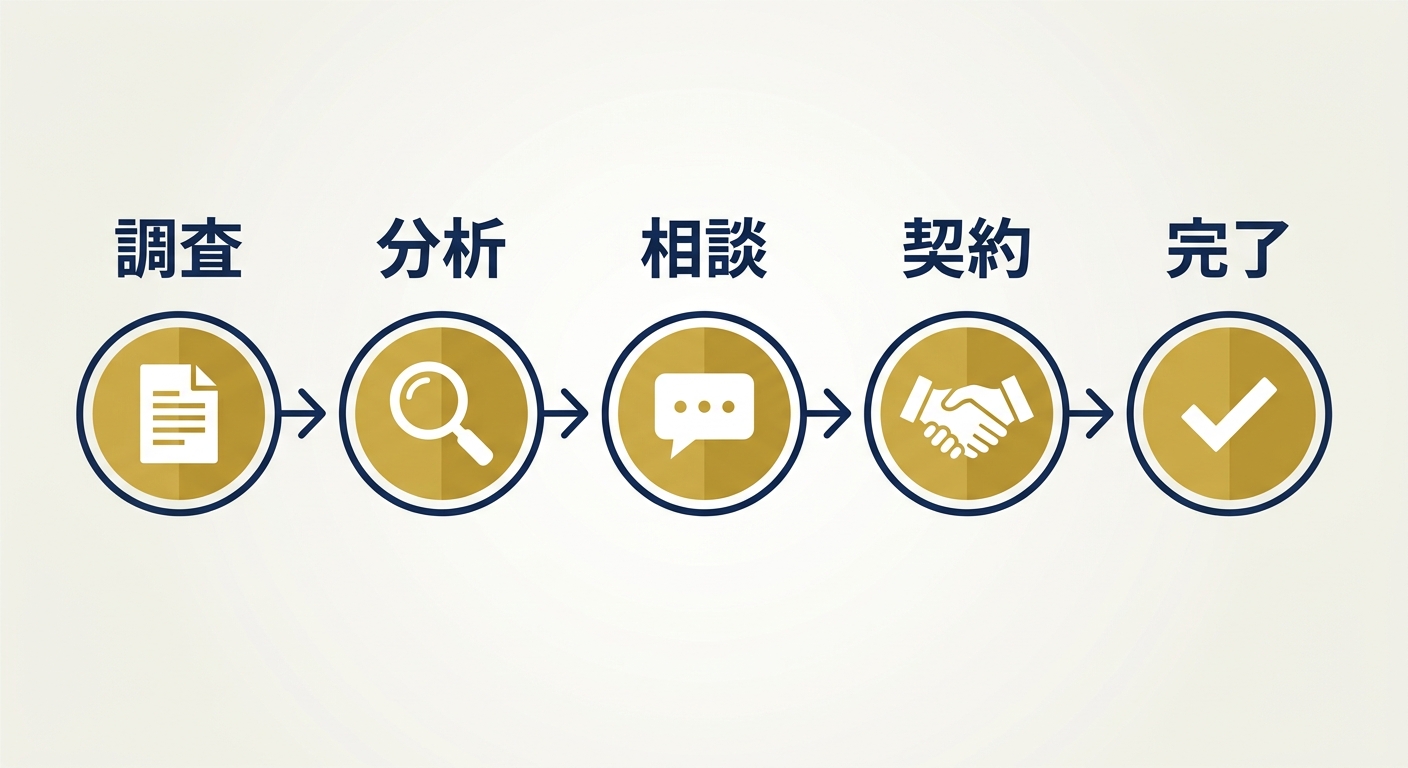 エージェント登録から成約までの5ステップを示すフローチャート図解イラスト