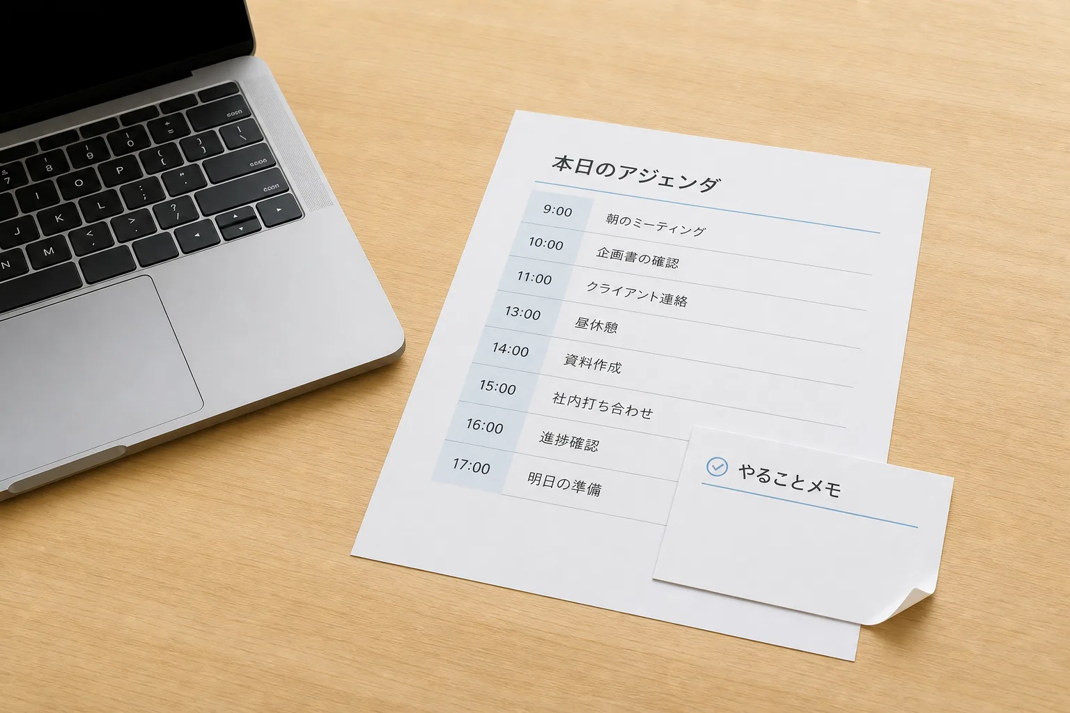 ノートパソコンの脇にアジェンダ用紙と端が折れたメモカードが置かれたデスク