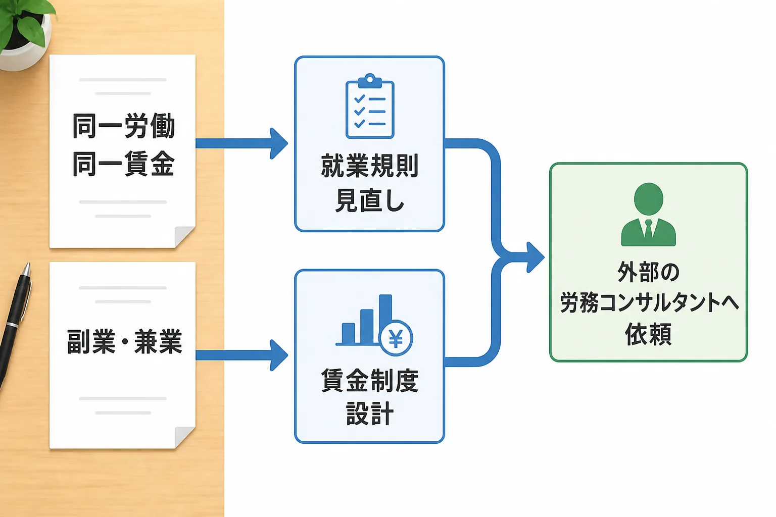 同一労働同一賃金や副業解禁などの制度改定が就業規則見直し・賃金制度設計を経て外部の労務コンサルタントへの依頼につながる流れを示した図解