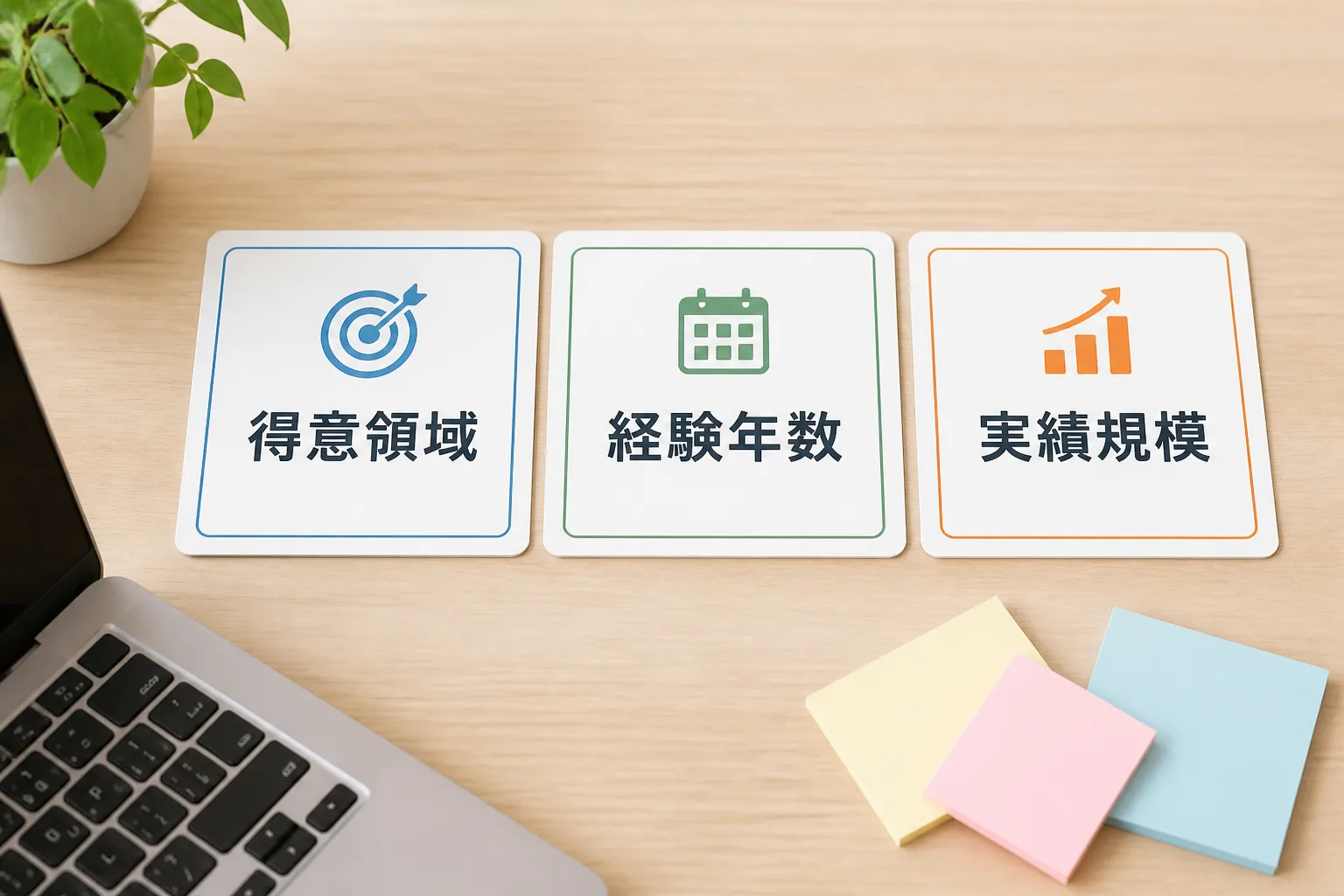 得意領域・経験年数・実績規模の3枚のカードを机に並べて整理する、スキル棚卸しのイメージ図