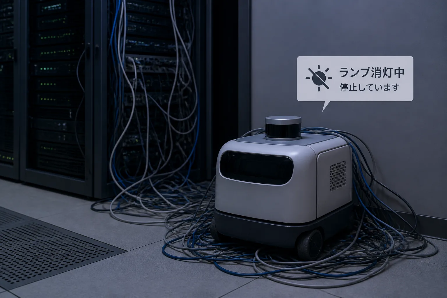 サーバールームの一角で稼働状況が確認されないまま放置されたロボット装置と絡まったケーブル。管理者不在の野良ロボット化を象徴するイメージ