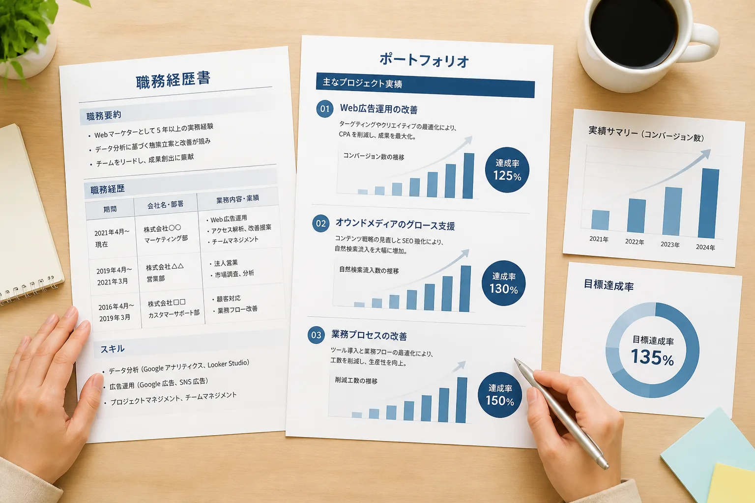 職務経歴書とポートフォリオの資料に実績を示す棒グラフのアイコンが添えられた俯瞰図