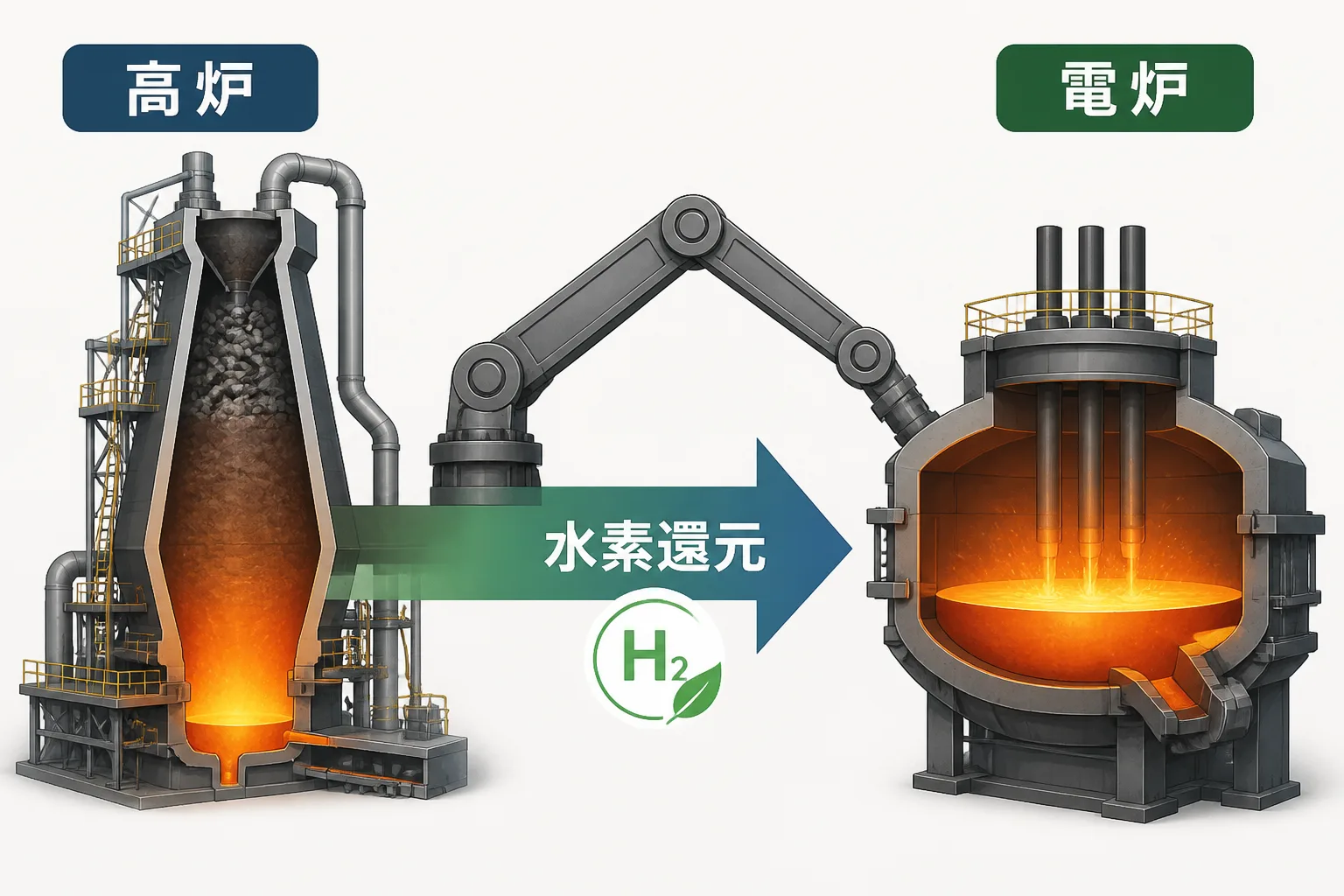 高炉の断面図から矢印が伸びて電気炉の断面図へつながる、工程転換を示す図解。「高炉」「電炉」「水素還元」の日本語ラベルが添えられている。
