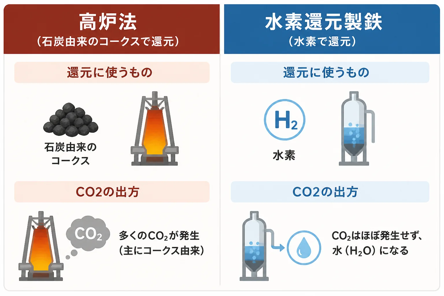 高炉法と水素還元製鉄を、還元に使うものとCO2の出方で比較した図