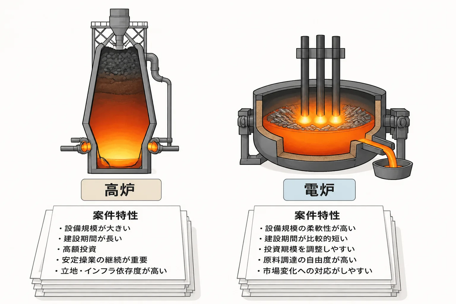 高炉と電炉それぞれの断面図の下に案件特性を示す書類が並ぶ図解。「高炉」「電炉」の日本語ラベルが添えられている。