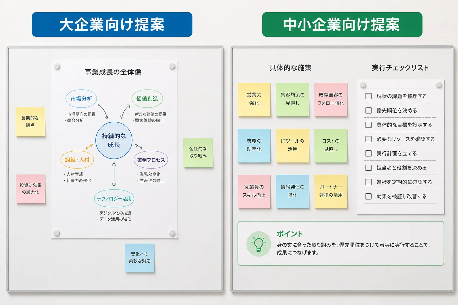 大企業向け提案の大きな戦略図と、中小企業向け提案の細分化されたチェックリストを対比した比較図解