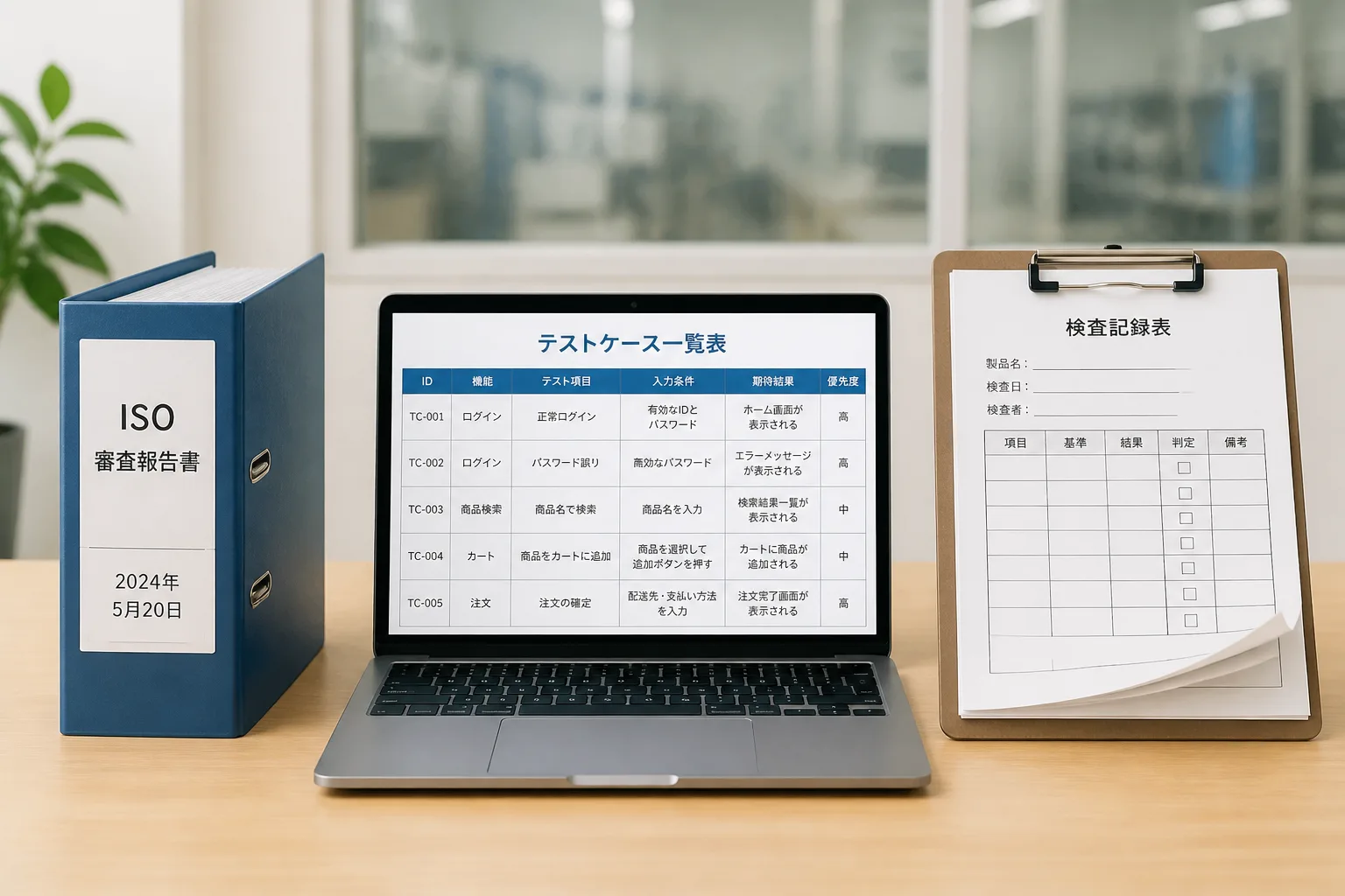 ISO監査報告書ファイル・テストケース一覧が映るノートPC・工場の検査記録クリップボードの3点を並べ、品質保証の3つの業務領域を示すイメージ