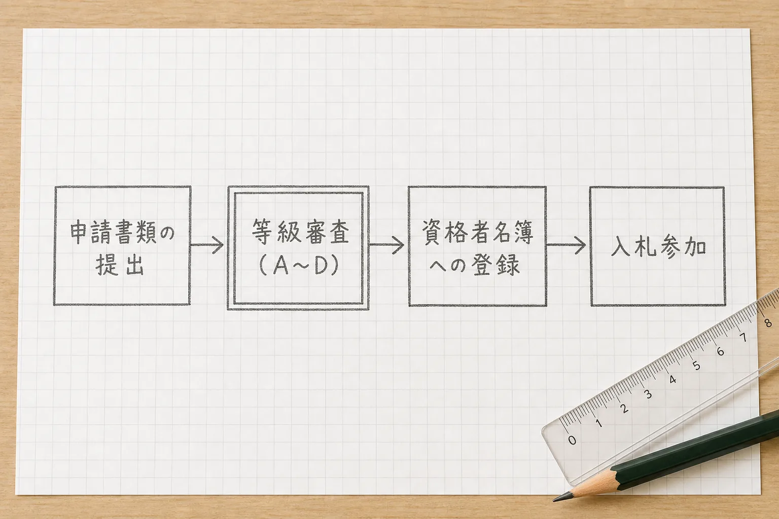 官公庁の入札参加資格を得るまでの4ステップ(申請書類提出→等級審査→資格者名簿登録→入札参加)を示す手描きのフロー図
