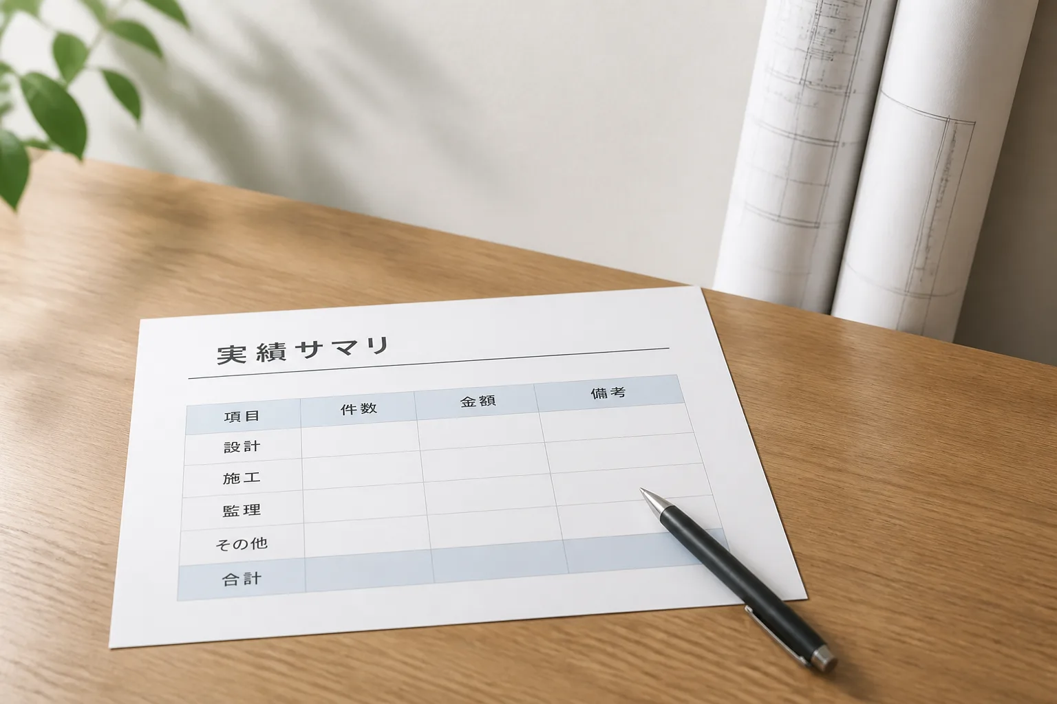 実績サマリ資料と建築図面のロール、提案資料の作り方をイメージした一枚