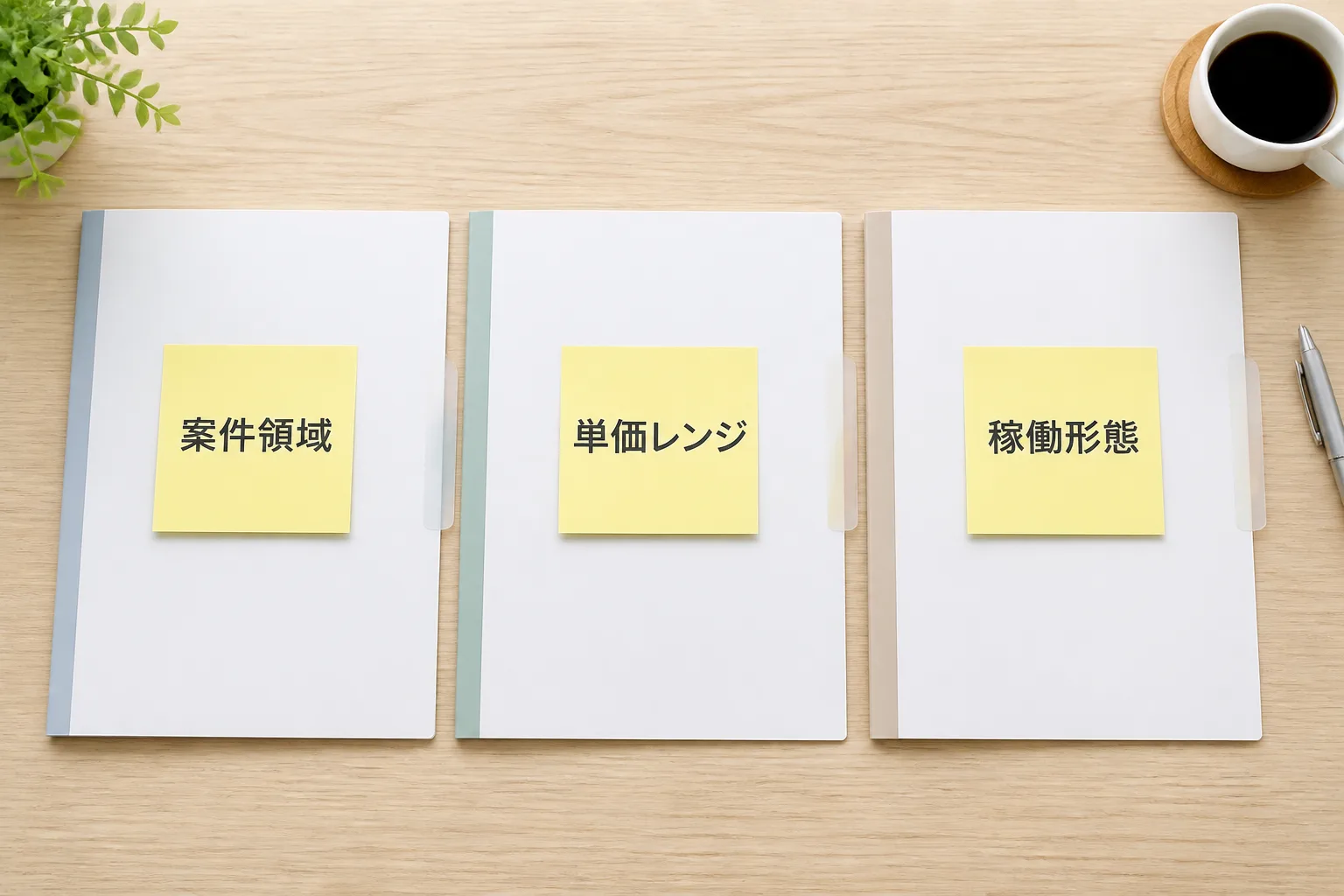 案件領域・単価レンジ・稼働形態の3つの軸で3社の資料を並べて比較している俯瞰図。