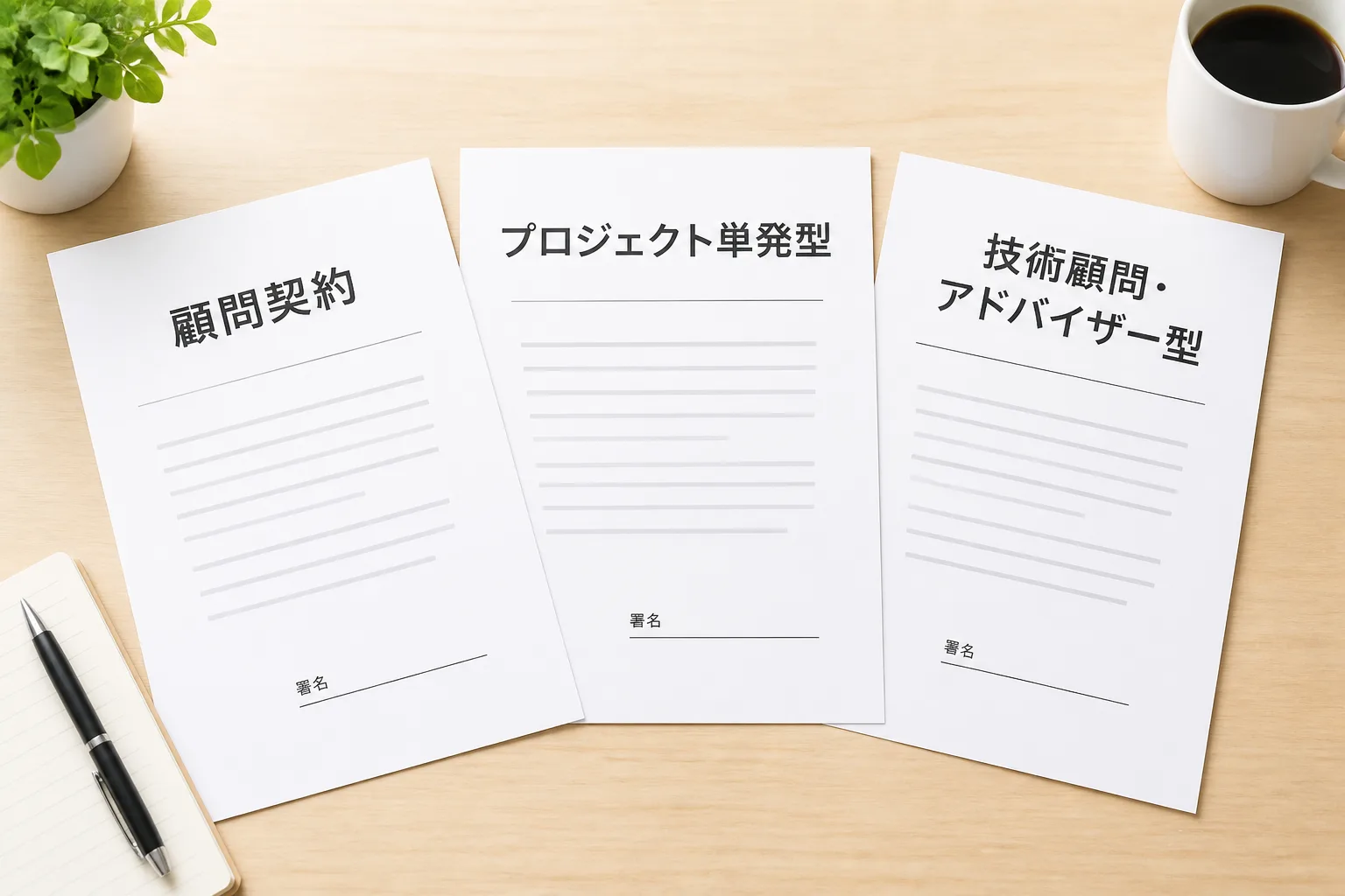 顧問契約・プロジェクト単発型・技術顧問アドバイザー型の3種類の契約書が机に並ぶ比較イメージ。