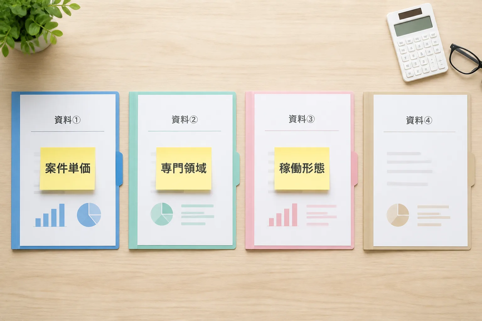 案件単価・専門領域・稼働形態の3つの軸で複数社の資料を並べて比較している俯瞰図。