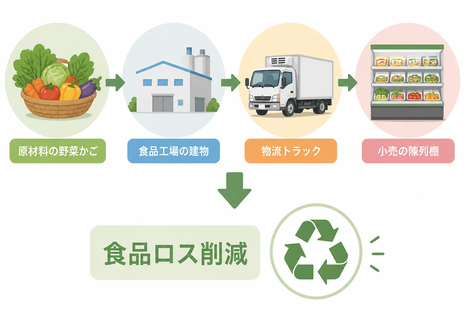 原材料調達から工場・物流・小売までのサプライチェーンの流れと、食品ロス削減を示す矢印アイコンの図解