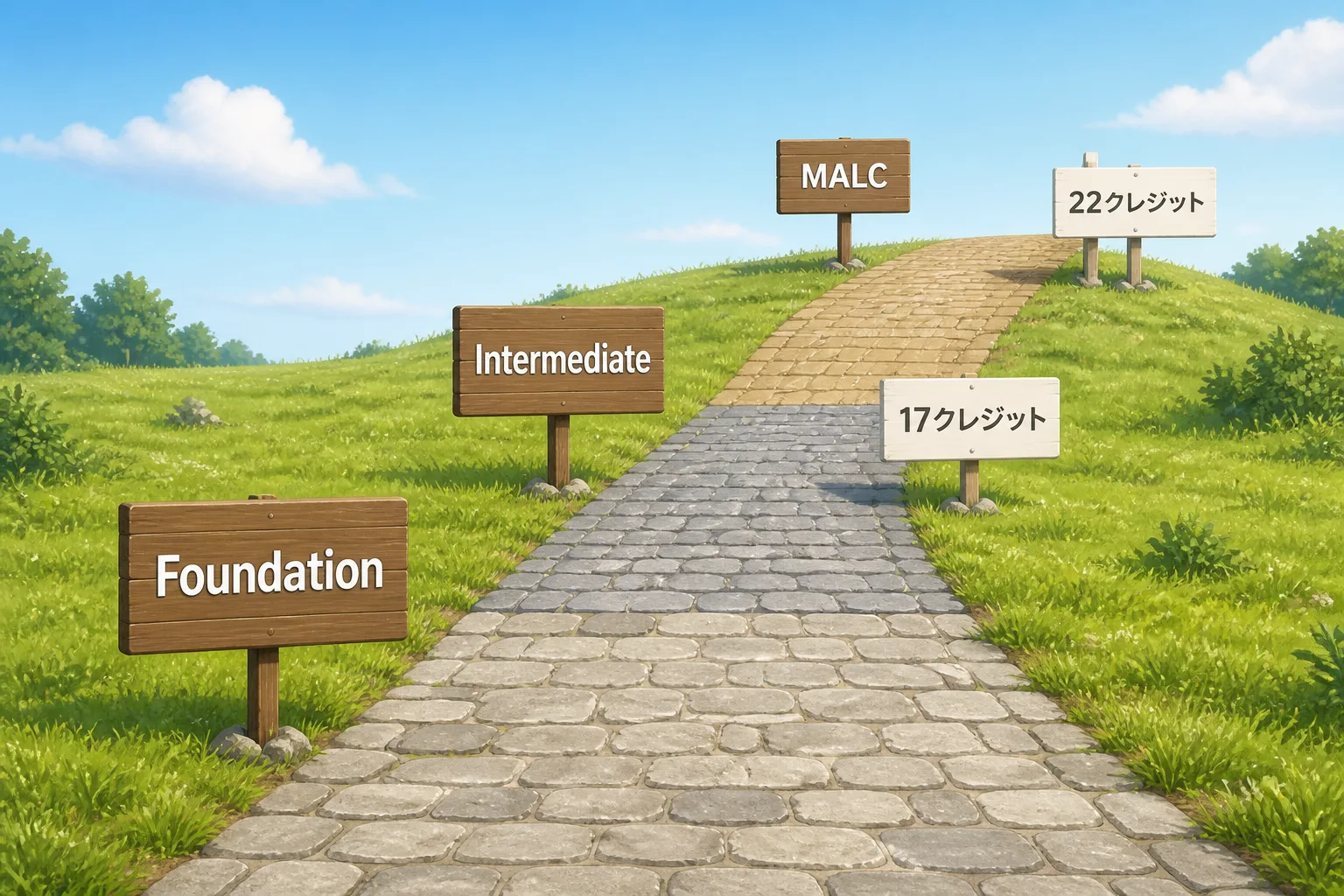 FoundationからIntermediate・MALCへと続く道に17クレジット・22クレジットの立て札が置かれた道のりを示すイメージ図