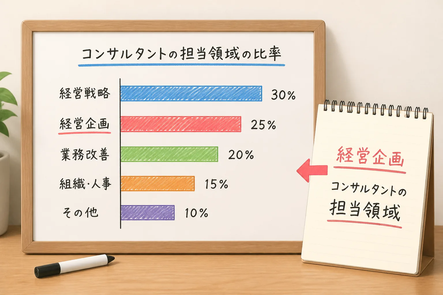 事業承継の担い手比率(内部昇格・同族承継・M&Aほか・外部招聘)を示すホワイトボードの図解