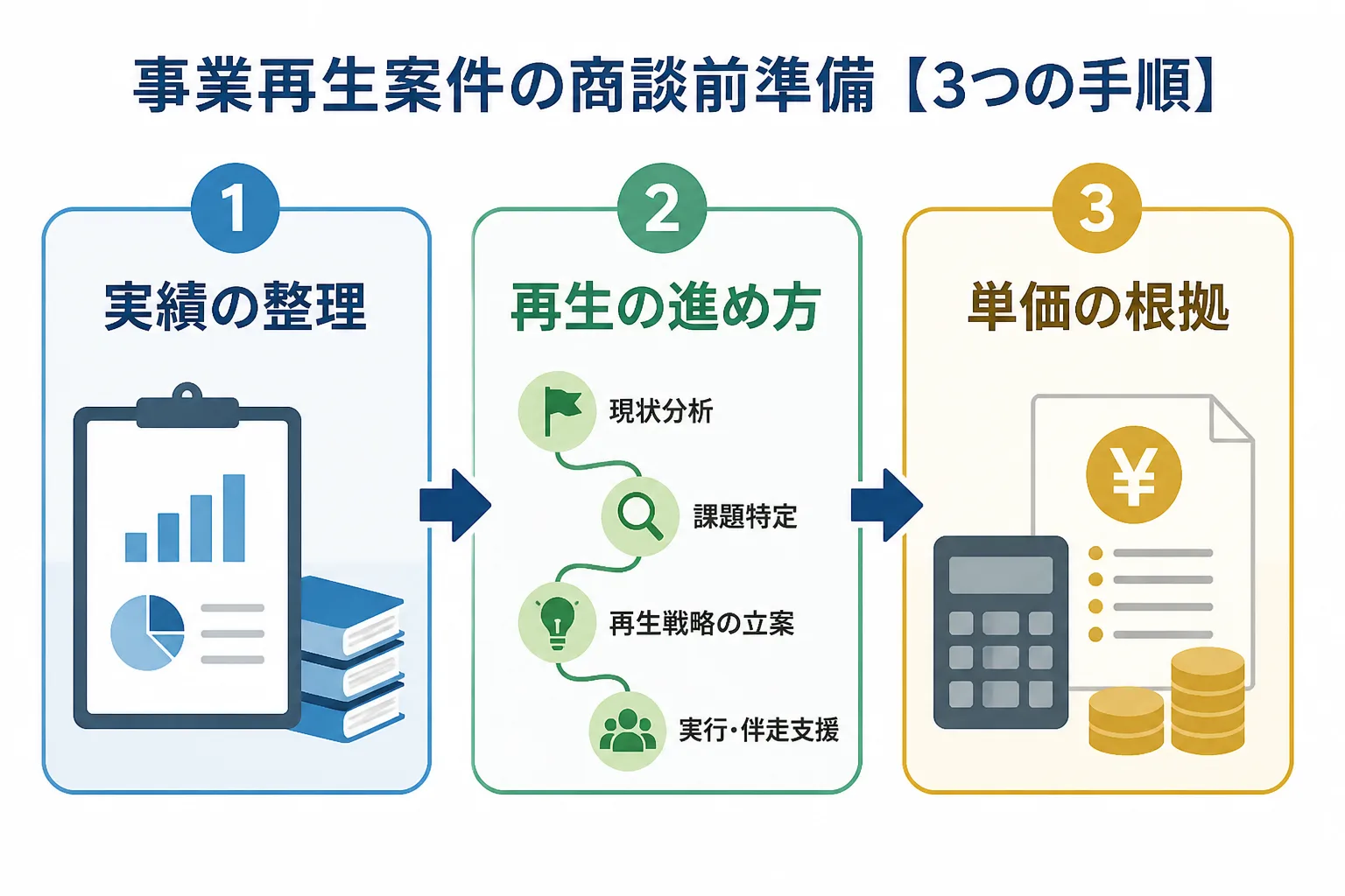 実績の整理、再生の進め方、単価の根拠という商談前の3つの準備手順を示す図