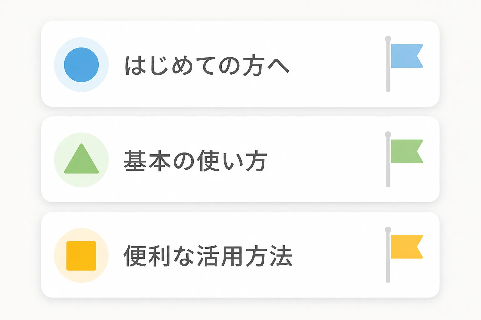 優先度ごとに丸・三角・四角と異なる形のアイコンと旗の印を添えた3枚のカード