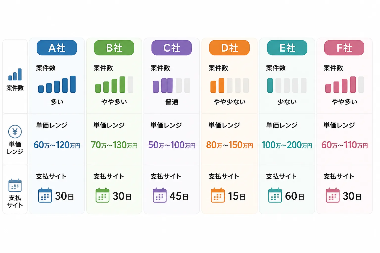案件数・単価レンジ・支払サイトの3項目でエージェント各社を横並びに比較していることを示す図解。