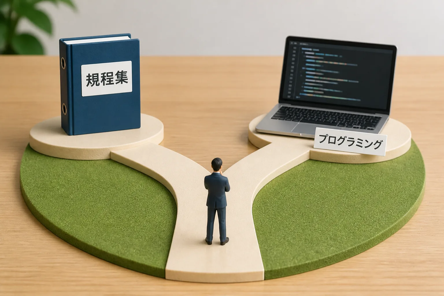 道が二手に分かれ、片方に規程集ファイル、もう片方にノートPCとコード画面が置かれた図解模型。体制整備案件とシステム開発案件の分岐を象徴する構図。