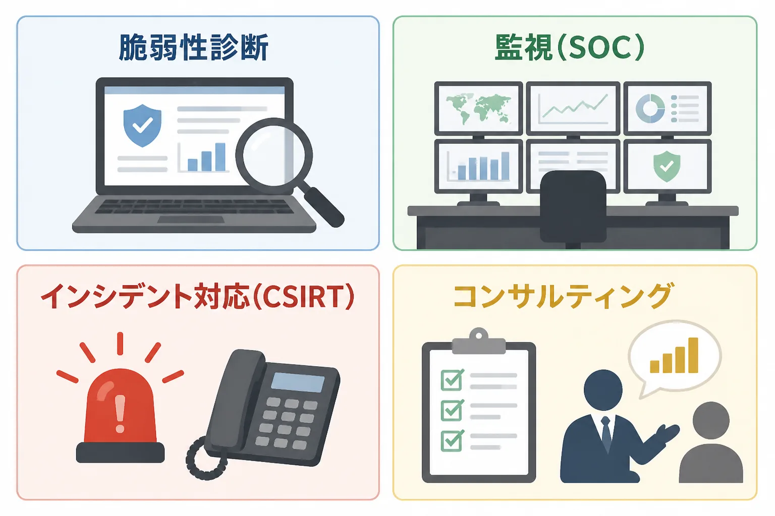 脆弱性診断・監視(SOC)・インシデント対応(CSIRT)・コンサルティングの4領域を象徴するアイコンで整理した図解