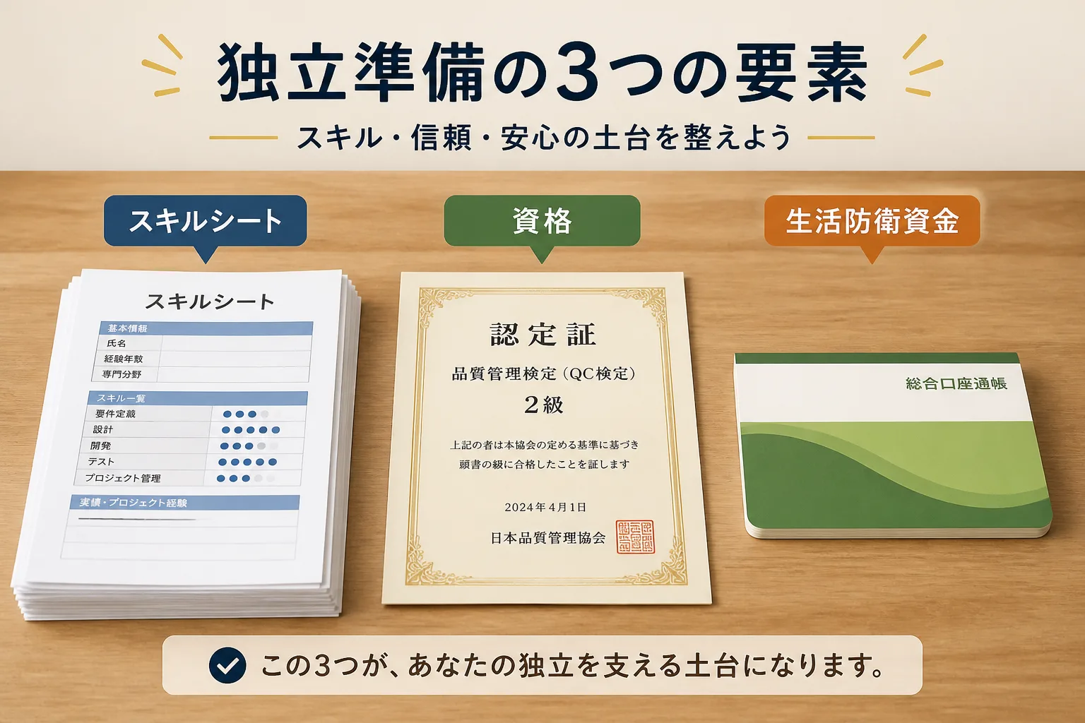 スキルシート・資格認定証・生活防衛資金の3つを並べて独立準備の要素を示す図解