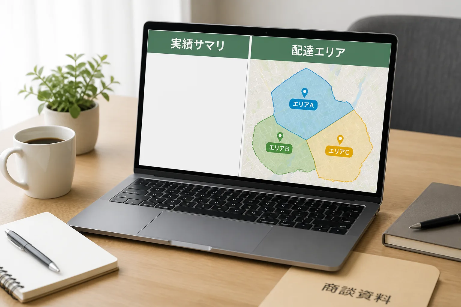実績サマリのシートと配達エリアの地図が並べられた商談前の机上の情景