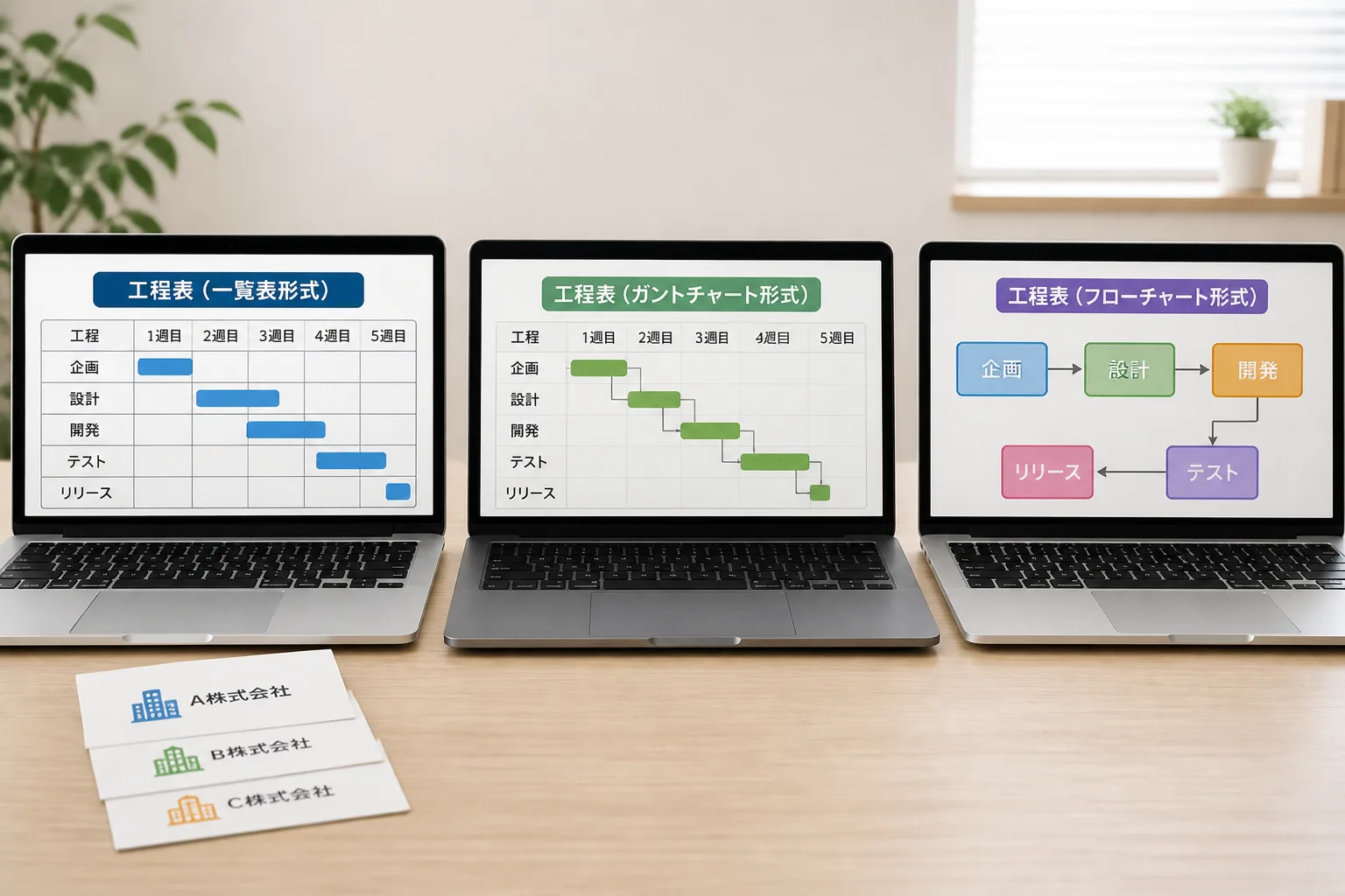 異なる形式の工程表画面を表示した複数のノートパソコンが並ぶ作業机