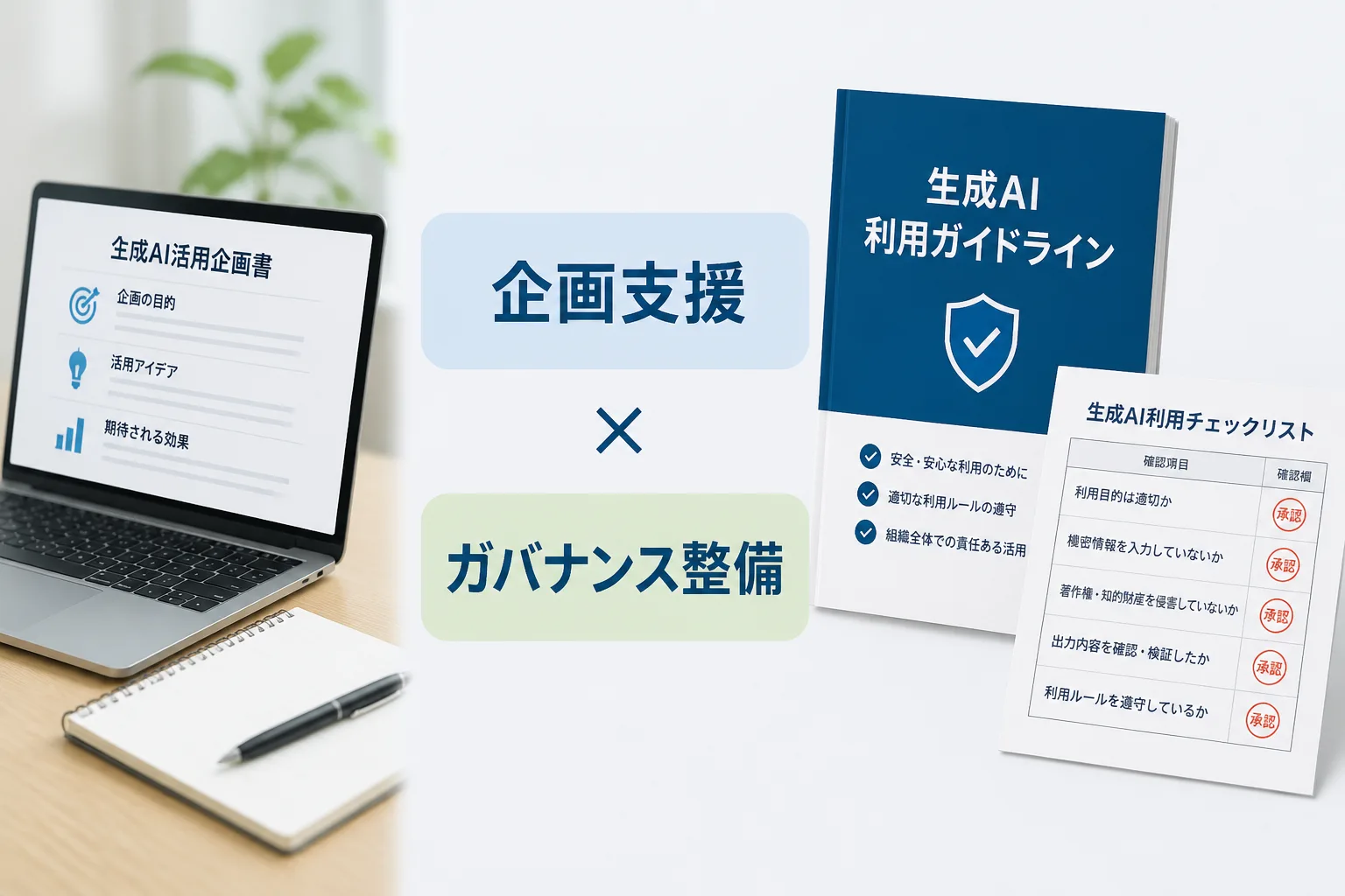 生成AI活用ユースケースの企画支援と社内ガバナンス整備支援という2つの実務領域を左右に並べた比較図
