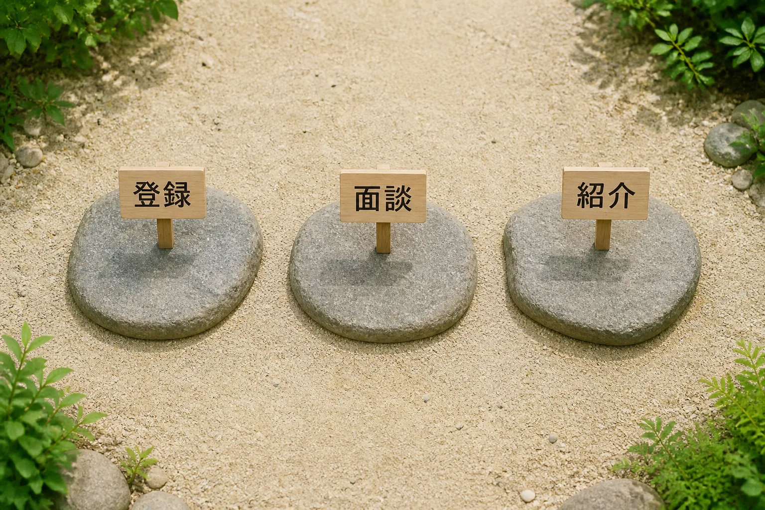 登録・面談・案件紹介という3つのステップを飛び石になぞらえた図解