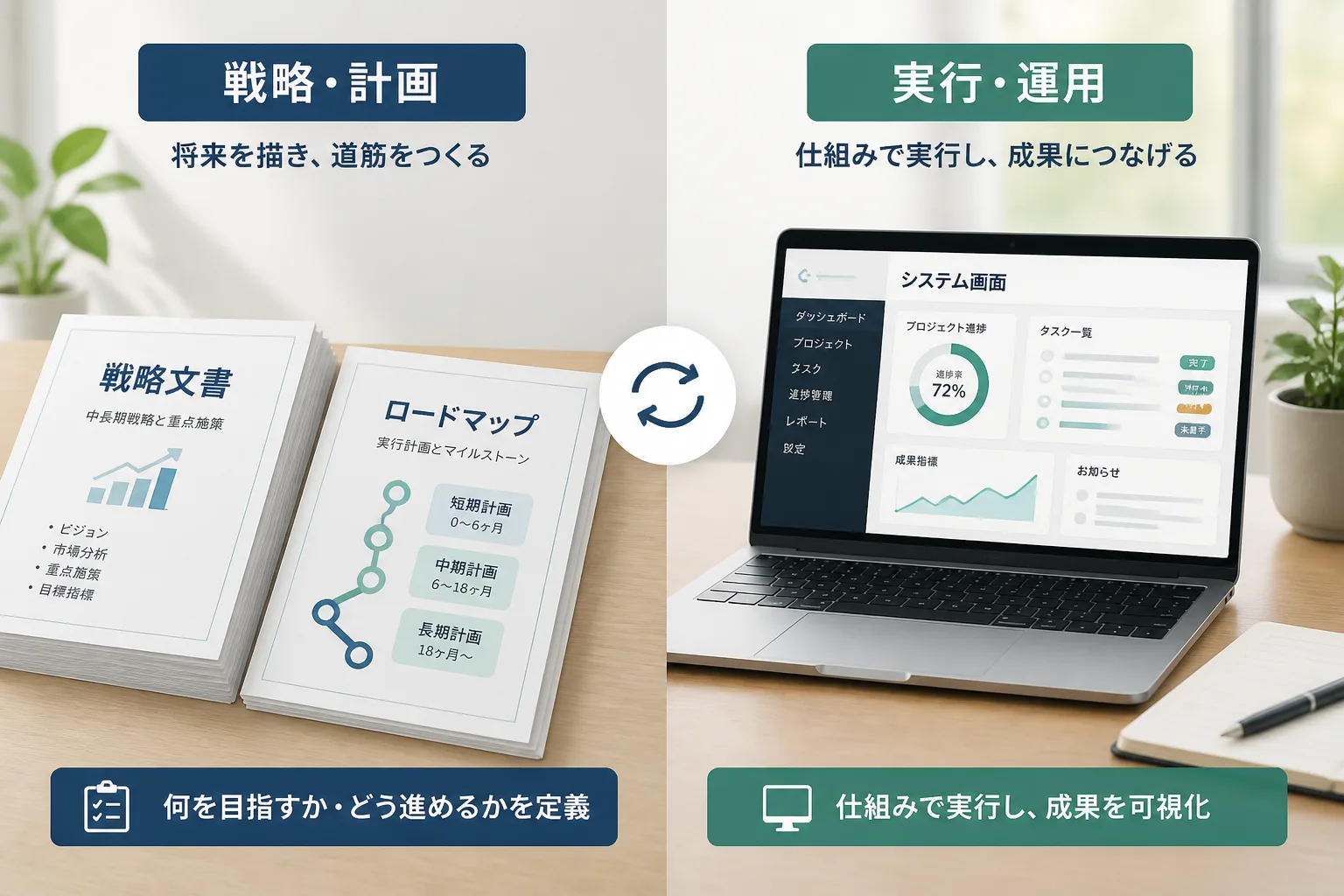 DX戦略とDX推進の違いを、戦略文書とロードマップ、システム導入の対比で示した図解