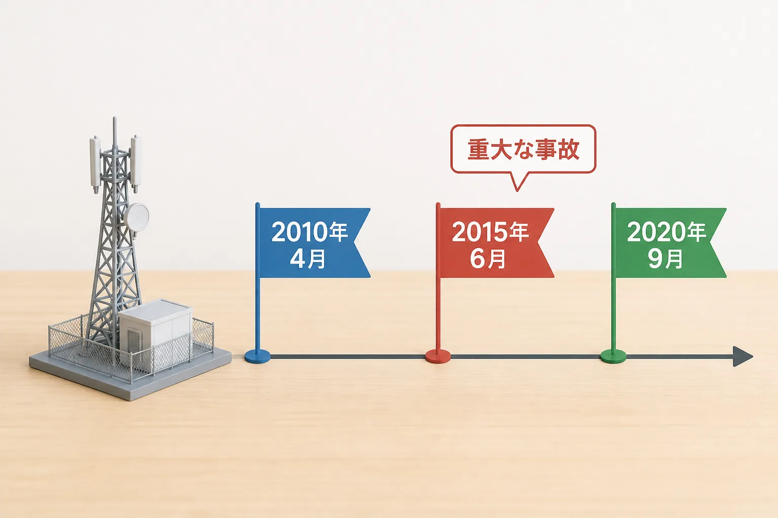 通信障害の発生時期を示す年表と、重大な事故のラベルが付いた旗型マーカーの図解