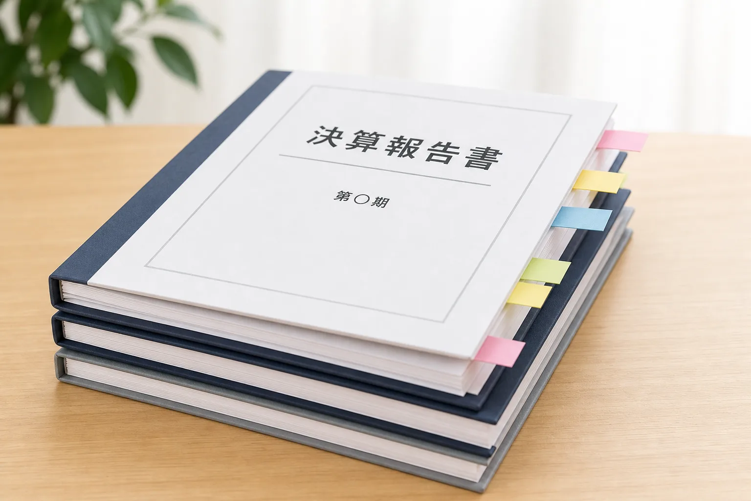 3冊重ねられた決算報告書のようなファイルのうち、一番上の1冊だけに複数の付箋が貼られている様子