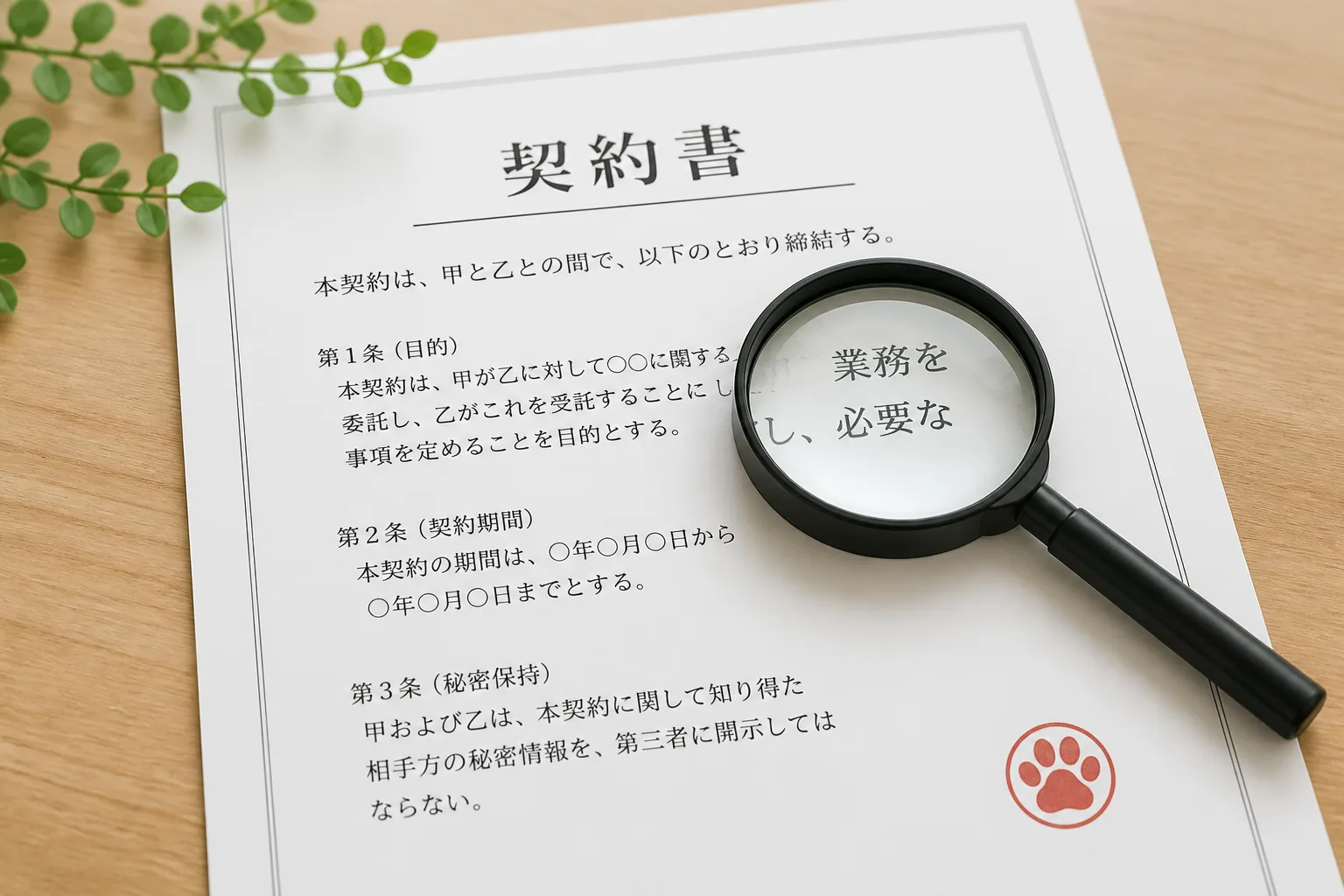 虫眼鏡を契約書に重ね、肉球マークの印影に注目する、案件を見極める視点を象徴する情景。