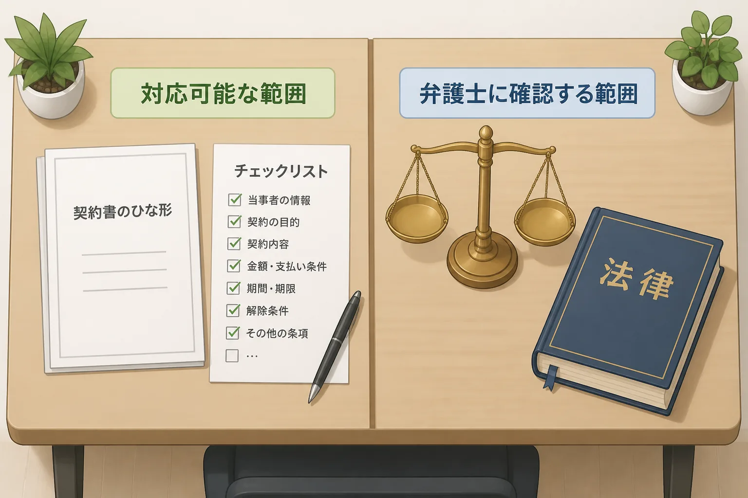 契約書レビュー代行で対応可能な範囲と弁護士に確認すべき範囲を左右に分けて示した比較図解