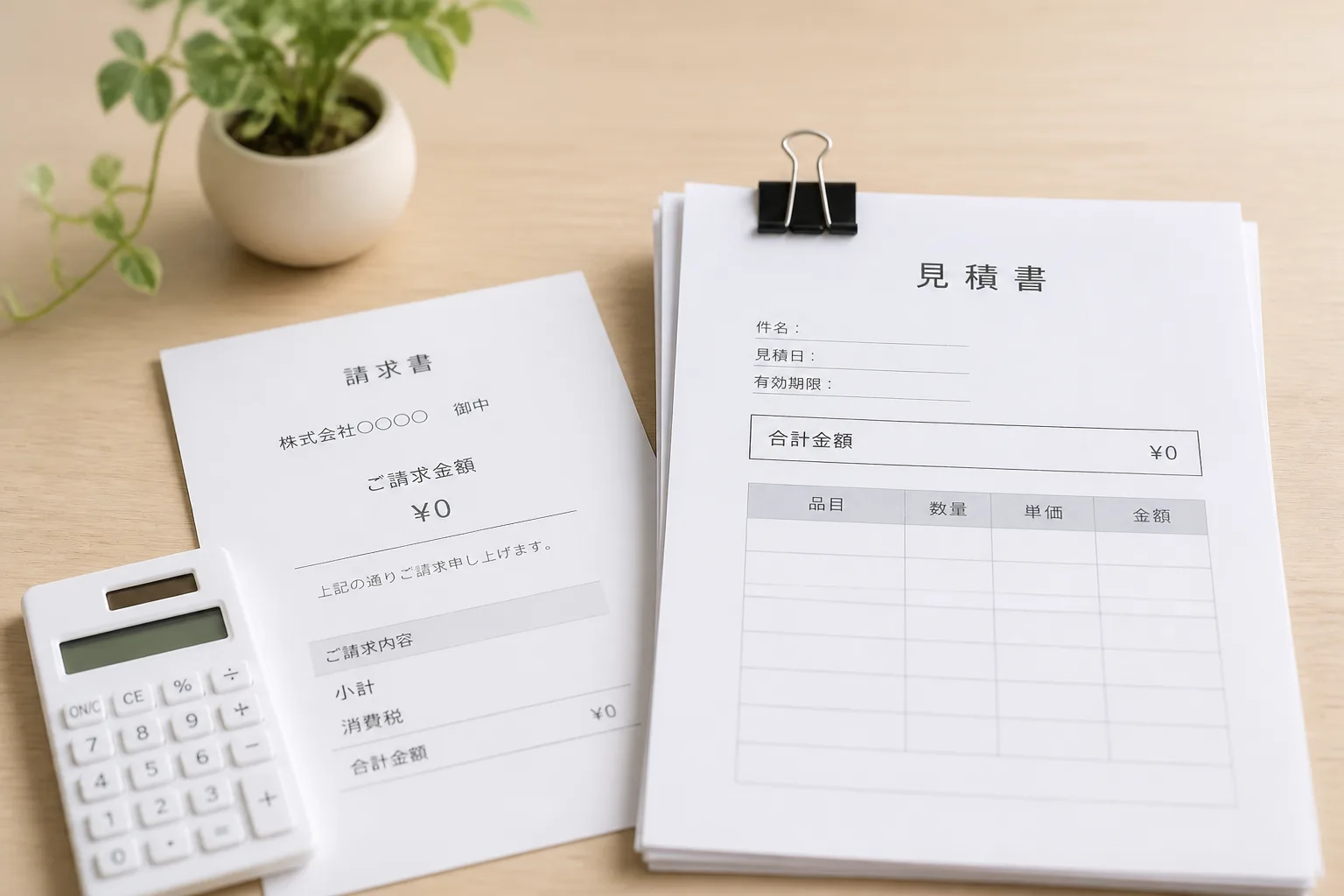 電卓と請求書、見積書が並ぶ、単価交渉と契約条件の整理を象徴する情景。