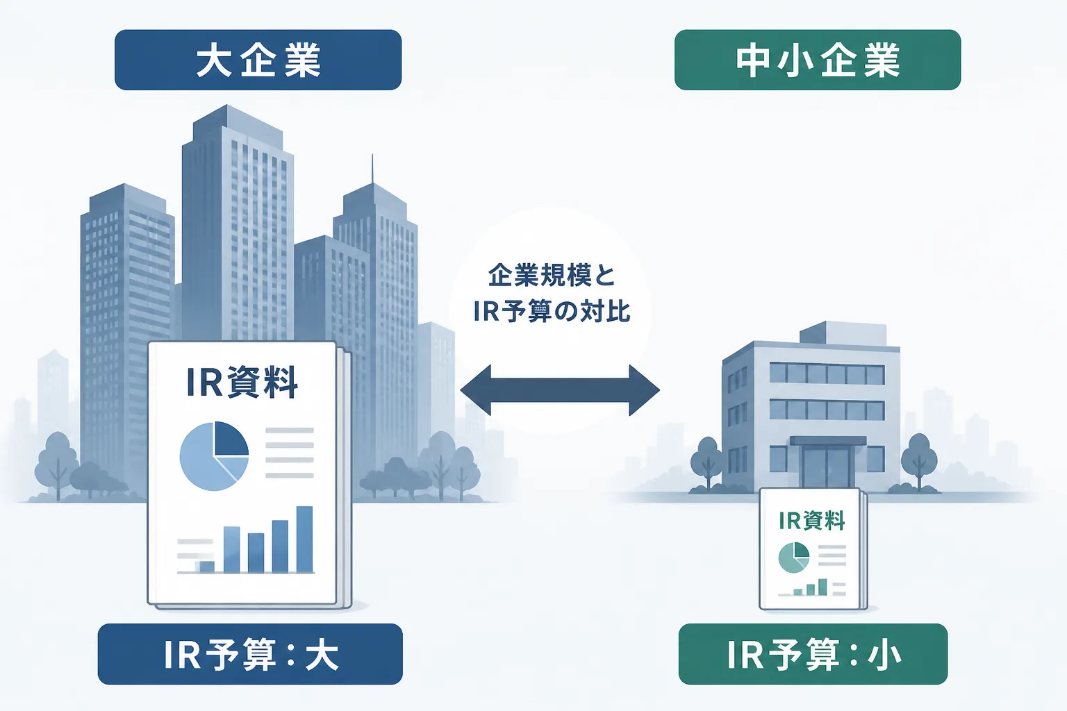 大型上場企業の本社ビル群とグロース市場企業のオフィスビルを対比し、IR予算規模の違いを示す図解