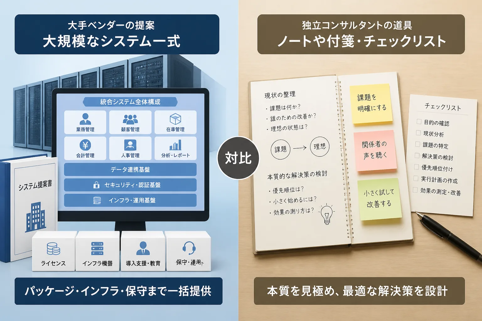 大手ベンダー主導の大規模なシステム導入と、独立コンサルタントが使うノートやチェックリストを対比させた、標準化アプローチの違いを表すイメージ