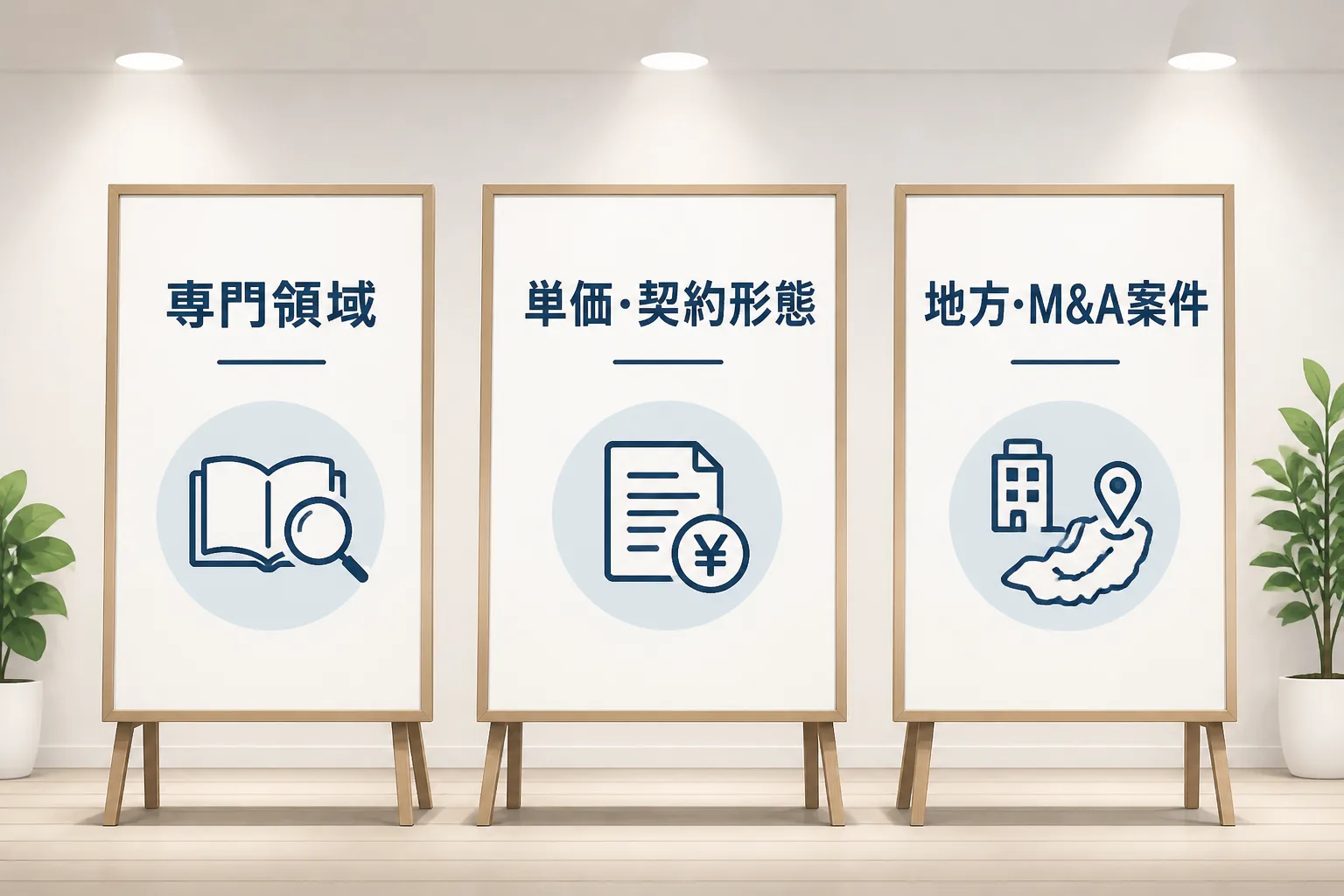 専門領域・単価契約形態・地方M&A案件の3つの軸でエージェントを比較することを示す図解。
