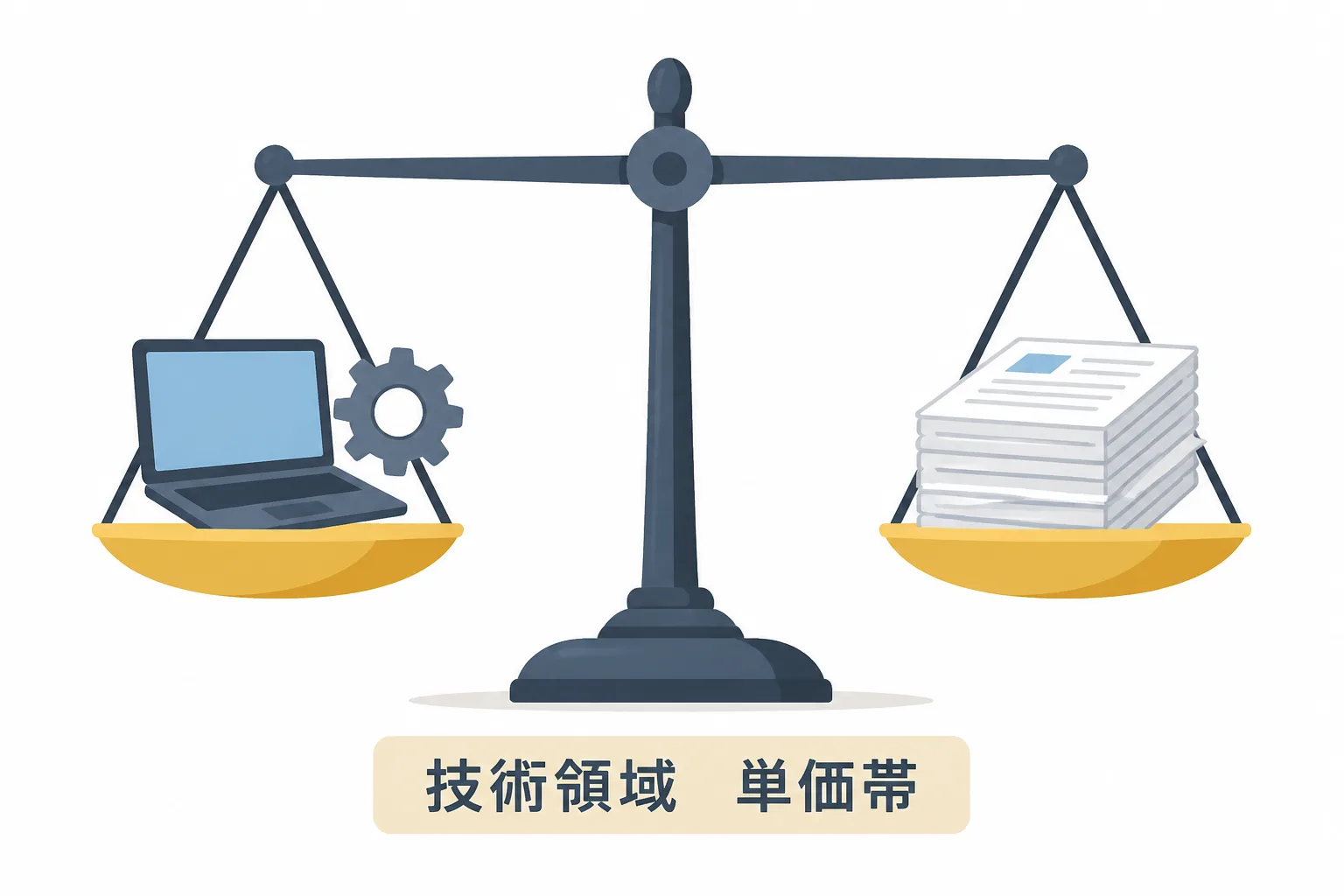 技術領域と単価帯を天秤にかけて比較するイメージ図。エージェント選定で見るべき評価軸を示す図解。