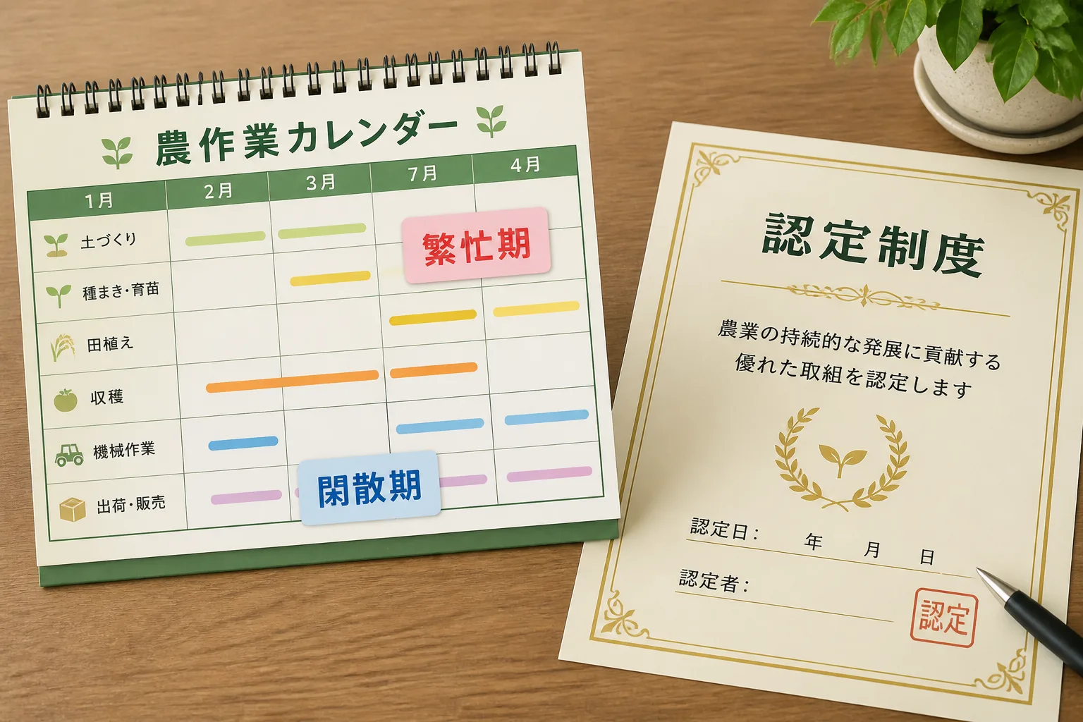 農業の繁忙期・閑散期を示すカレンダーと、スマート農業関連の認定制度の書類を並べた構図。エージェント選びで季節性・補助金制度への理解が重要であることを示す。