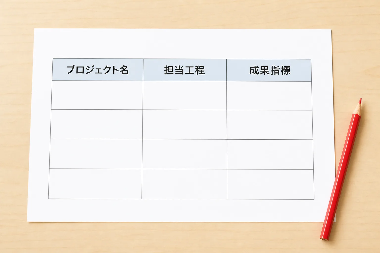 実績サマリ資料に含めるべき項目(プロジェクト名・担当工程・成果指標)を示す表組みの構成
