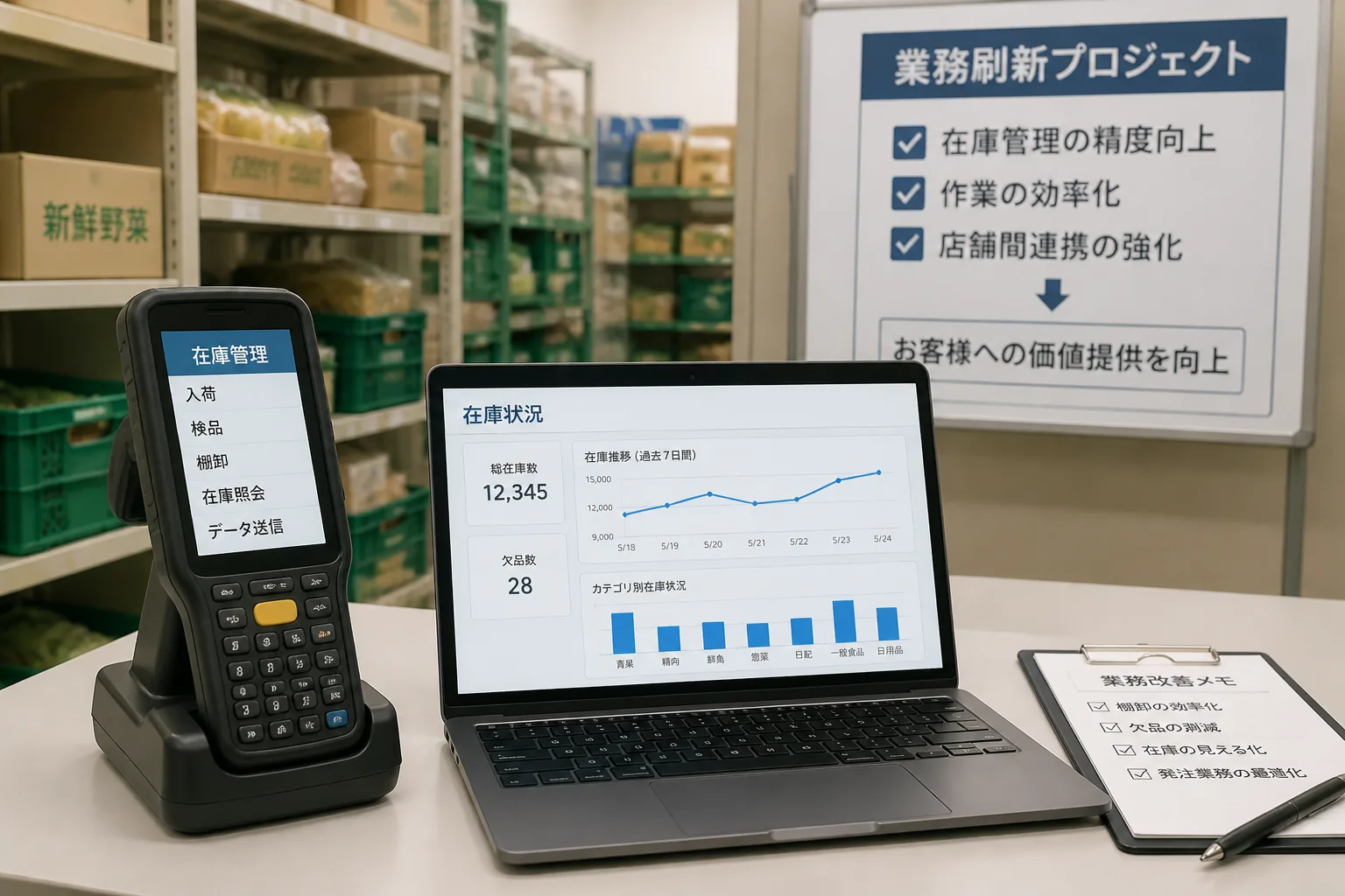 複数店舗を展開する小売チェーンが在庫連携基盤を刷新する現場をイメージした情景