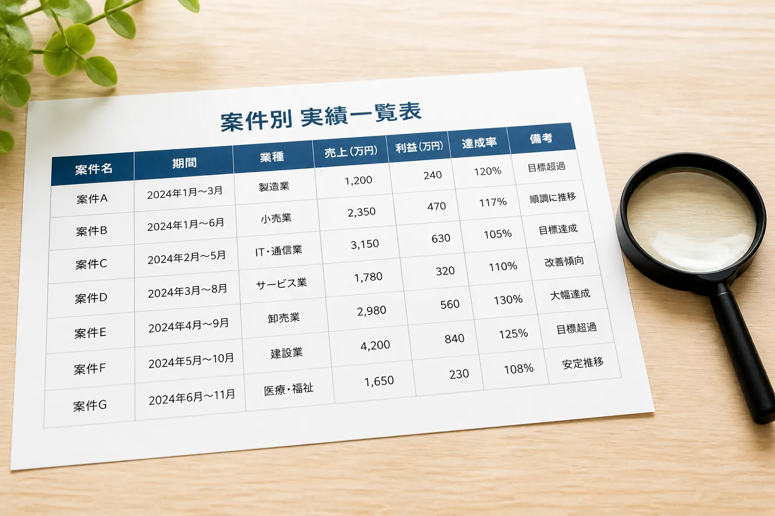 案件ごとの実績を業界・対象人数・成果指標でまとめた提案資料のイメージ