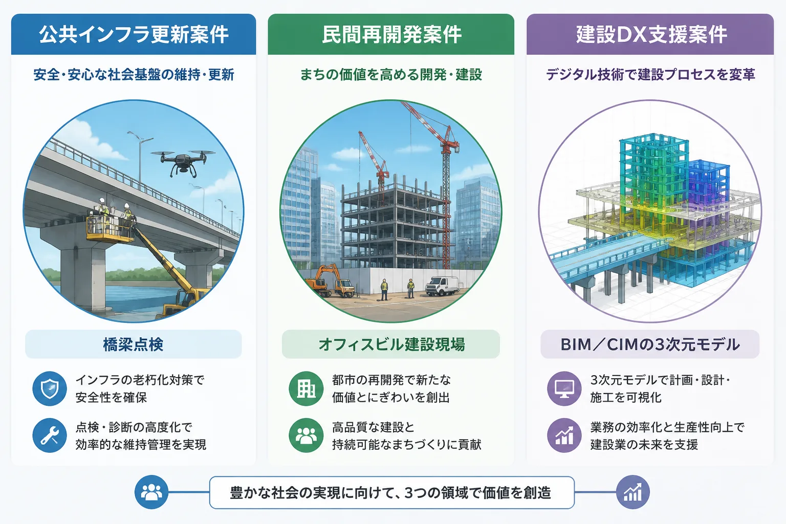 公共インフラ更新案件・民間再開発案件・建設DX支援案件の3つの領域を対比する図解